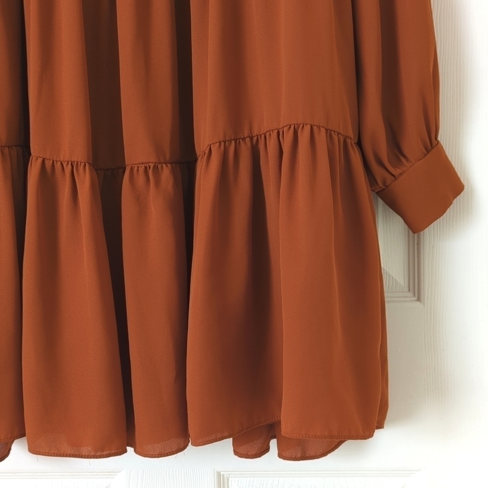 Sam and Jess Ruffle Tiered Long Sleeve V-neck Mini Babydoll Swing Dress Rust S - Picture 10 of 13